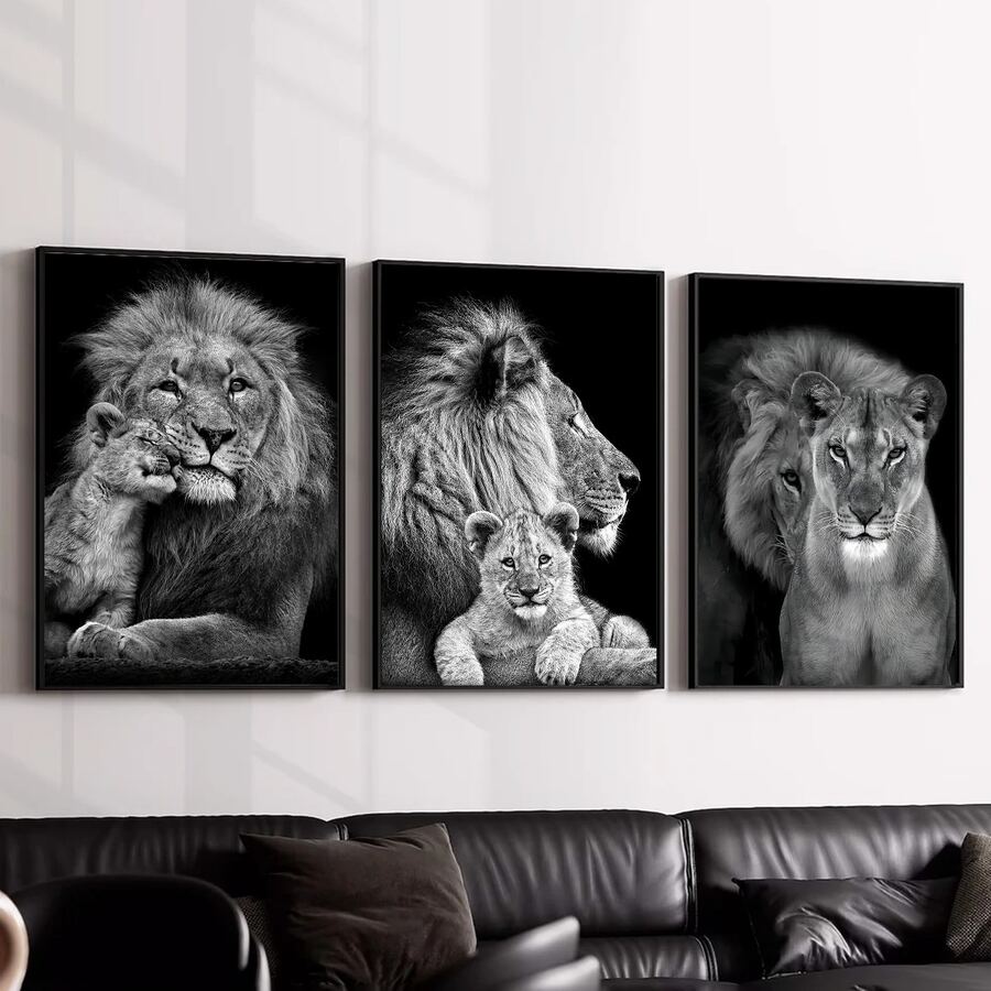 3入組無框黑白獅子家族帆布畫，防水動物牆藝術，現代藝術畫作，適用於禮物、臥室、客廳、辦公室、浴室、餐廳、咖啡廳、酒吧、牆面裝飾、家居和辦公室裝飾 - 黑與白 - 查看 1