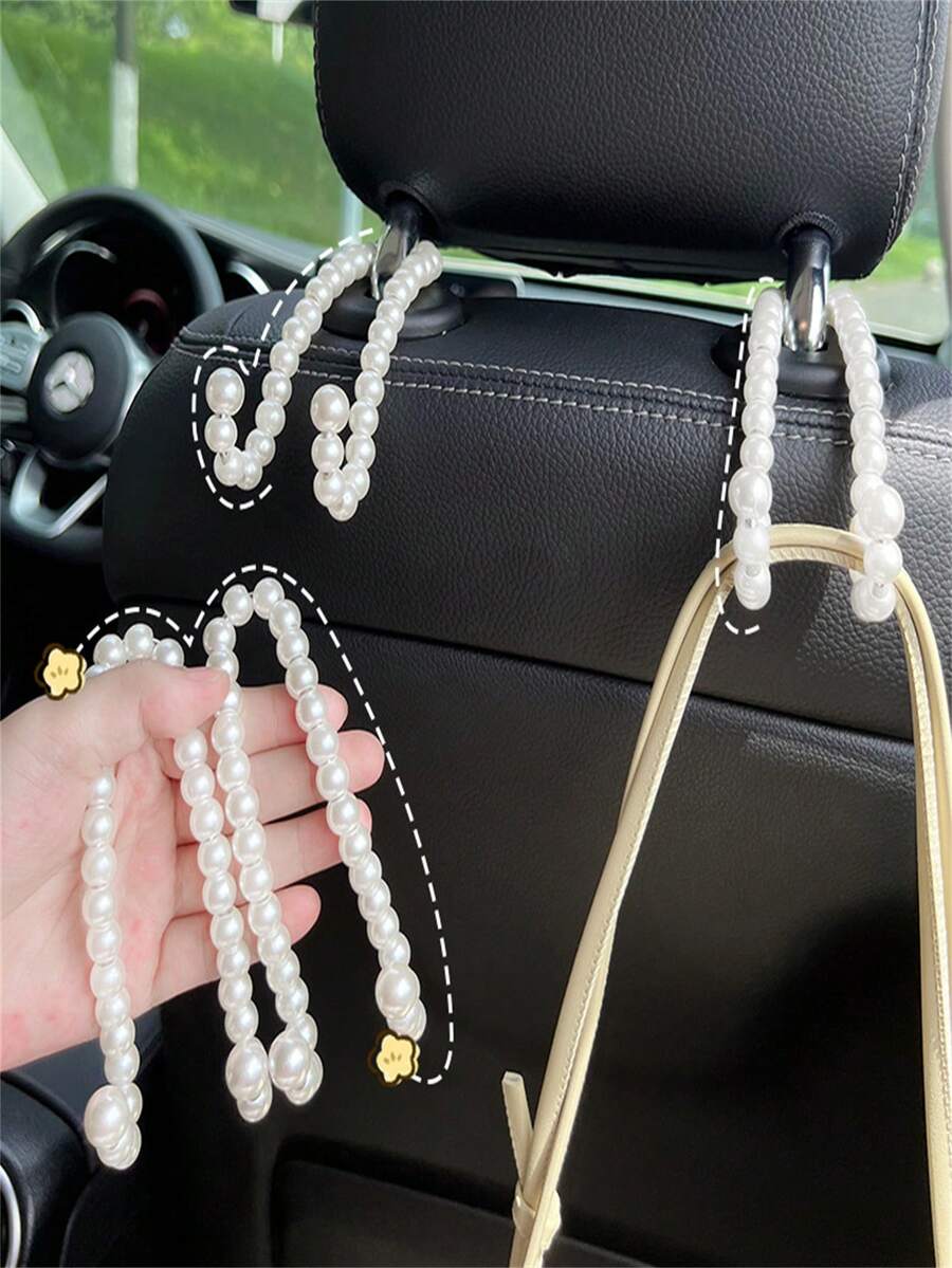 2 Packs Car Headrest Hook Artifact Multi-Functional Pearl Car Hanger Holder, Hidden Design Car Hook - White - View 1
