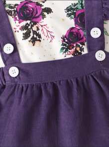 BrownBark 3pcs Baby Girl Elegant Cute Ditsy Floral Long Sleeve Bodysuit, Solid Color Pinafore Dress, Headband Set, Comfortable For Spring/Autumn, Casual, School, Outdoor, Street Style, Home - Purple - View 8