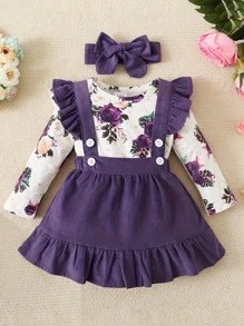 BrownBark 3pcs Baby Girl Elegant Cute Ditsy Floral Long Sleeve Bodysuit, Solid Color Pinafore Dress, Headband Set, Comfortable For Spring/Autumn, Casual, School, Outdoor, Street Style, Home - Purple - View 5