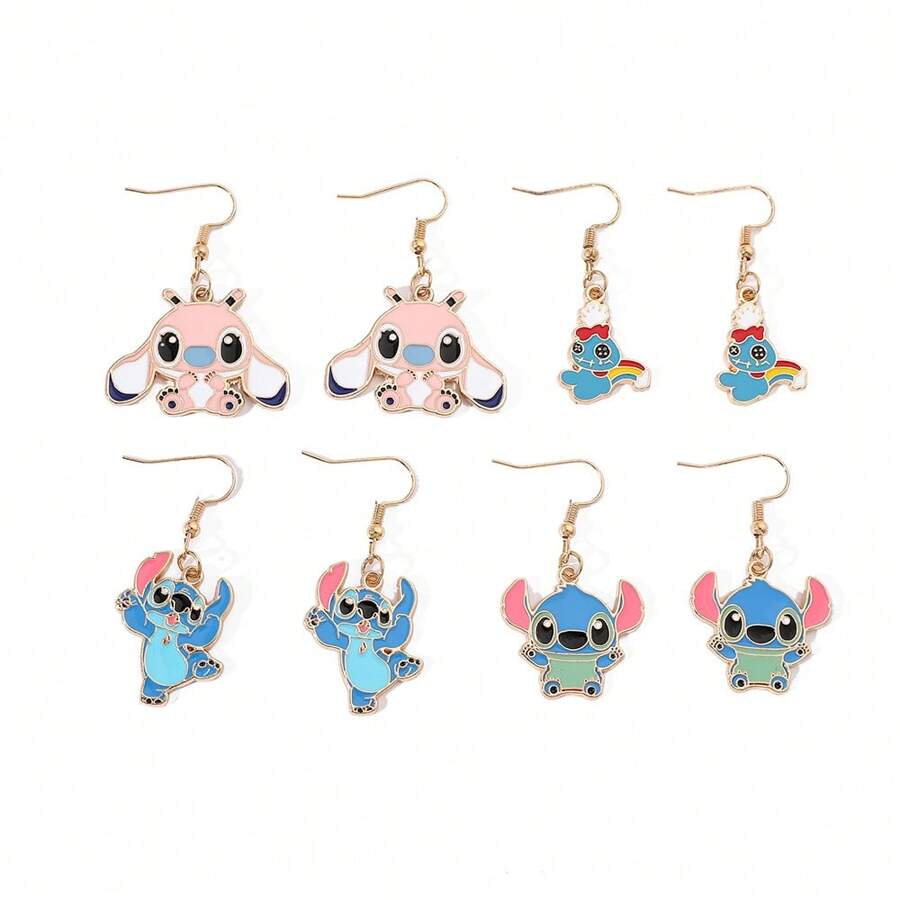 1對全新Disney Stitch Lilo天使掛墜耳環，卡哇伊可愛動物金屬手工耳環，掛勾時尚珠寶