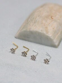 1 pièce Fine Boucle de nez en fleur en argent sterling 925 avec cristal clair, en forme de L. Bijou de piercing de nez, couleur or. Saint-Valentin