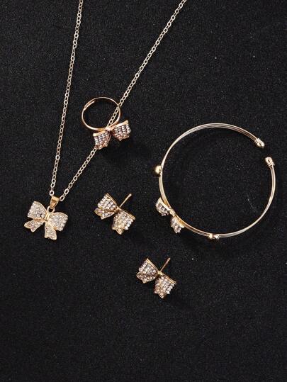 5pcs/Set Girls' Fashion, Versatile & Casual Rhinestone Bow Jewelry Set