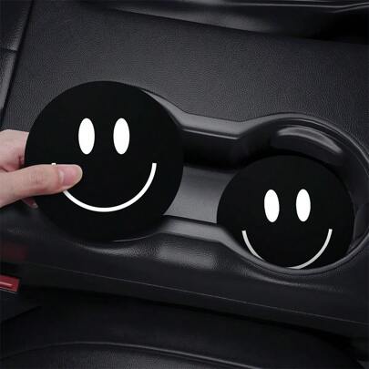 2 Chiếc Xe Ô Tô Cốc Đế Lót Ly Chống Trơn Trượt & Thảm Thấm Hút, Tối Giản Mặt Cười In Hình Miếng Lót Cách Nhiệt