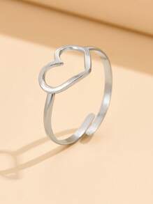1 件精致空心心形不锈钢可调节戒指，简约心形设计，适合日常佩戴 - 銀色 - 查看 10