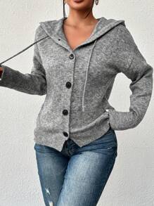 Women's Solid Color Button Drawstring Long Sleeve Lightweight Single-Breasted Cardigan Sweater, Suitable For Office Wear, Autumn - Grey - View 4
