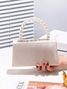 Sparkling And Classic Satin Pleated Evening Bag With Handmade Faux Pearl Handle And Metal Chain, Perfect For Parties, Weddings, Birthday Gifts, Valentine Gifts, And Elegant Women On-The-Go., Elegant Pearl Clutch, Prom Bag
