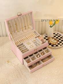 1pc Multifunctional Plaid Princess Cosmetic & Jewelry Box With Lock, Drawer, And Leather Surface For Storing Bracelets, Earrings, Necklaces And Other Accessories Back To School, Room Decor - One Size - View 16