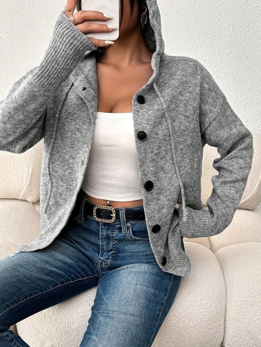 Women's Solid Color Button Drawstring Long Sleeve Lightweight Single-Breasted Cardigan Sweater, Suitable For Office Wear, Autumn