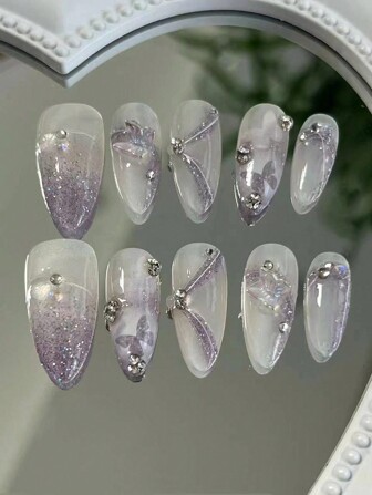 10 件梦幻紫色蝴蝶水钻猫眼指甲装饰，迷人杏仁形闪光指甲贴，女孩亮肤直接粘性假指甲贴按压式指甲美甲用品