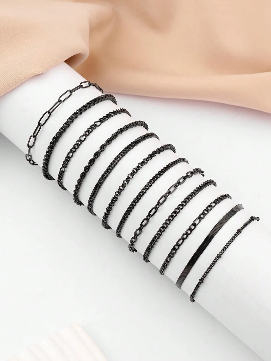 12 Stücke Schwarz Edelstahl, moderne minimalistische Armband-Set in Schwarz für tägliche Dekoration oder als Geschenk - Schwarz - Übersicht 1