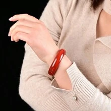 1条天然A级高品质冰玛瑙手链，收藏级珠宝，高端宝石手链，女士手链，疗愈冥想手链，镶嵌光滑绿色宝石，天然石手链，可提升智慧、平衡与宁静，女士礼物 - 紅色 - 查看 2