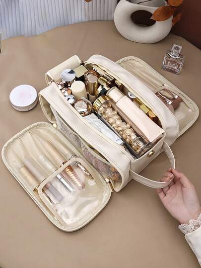 شنطه سفر اغراض سفر لوازم السفر اغراض السفر اشياء للسفر حقيبة نسائية شنط بحر شنطه صيف جامعةحقيبة مستحضرات تجميل ذات طبقتين كبيرة السعة، سعوية، مقاومة للماء من الجلد الاصطناعي البوليوريثان (البي يو) باللون الكريمي، مع مقبض، قسمات داخلية، مناسبة للسيدات والرجال للاستخدام اليومي، ولحفظ مستلزمات الحمام، والسفر، والمدرسة، وأثناء العطلات