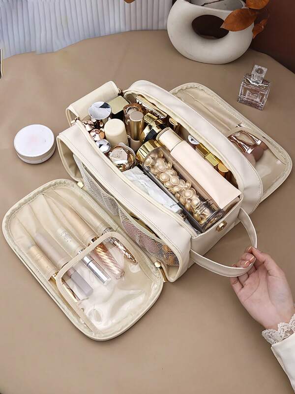 Cream Waterproof PU Leather Multifunctional Makeup Bag Double-Layer Large Capacity Portable Travel Cosmetic Bag Toiletries Storage Bag With Handle For Woman Dividers PU Makeup Bag Brush Storage Bag Men Business Wash Bag School Supplies Travel Essentials Make Up Bag Holiday Essentials Makeup Bags Makeup Pouch Makeup Organizer Holiday Winter Make Up Organizer Makeup Storage Back To School Supplies