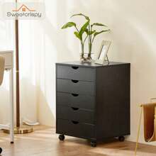 Sweetcrispy 5 Drawer Chest, Wood Storage Dresser File Cabinet Organizer With Wheels Under Desk For Bedroom Home Office - Black - View 4