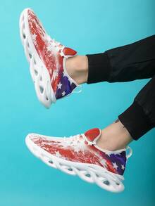 Zapatillas de plataforma con cordones gráficos y estilo de bandera para hombres, cómodas, ligeras, transpirables, con absorción de impactos y resistencia al desgaste, adecuadas para fitness en interiores y deportes al aire libre - Rojo - Ver 4