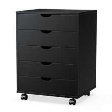 Sweetcrispy 5 Drawer Chest, Wood Storage Dresser File Cabinet Organizer With Wheels Under Desk For Bedroom Home Office - Black - View 8