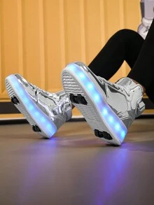 新潮流高筒兒童鞋，帶可拆卸輪子的金色導光鞋，戶外時尚舒適平板滑板鞋 - 銀色 - 查看 9