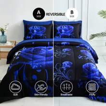 7 Pieces Blue Comforter Set Queen King Size , Rose Pattern Bed In A Bag, Lightweight Soft Microfiber Bedding Sets With Comforter, Flat Sheet, Fitted Sheet, Pillowcases Home Decor Room Decor Bedroom Decor Bed Comforter Set Mothers Day Gift Wedding Decorations. - 藍色 - 查看 2