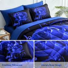 7 Pieces Blue Comforter Set Queen King Size , Rose Pattern Bed In A Bag, Lightweight Soft Microfiber Bedding Sets With Comforter, Flat Sheet, Fitted Sheet, Pillowcases Home Decor Room Decor Bedroom Decor Bed Comforter Set Mothers Day Gift Wedding Decorations. - 藍色 - 查看 4