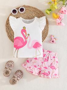 Set da due pezzi di moda estiva per bambine, con maniche a cappuccio, top con stampa carina di unicorno, e pantaloncini casual con bordo arricciato