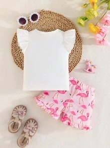 Set da due pezzi di moda estiva per bambine, con maniche a cappuccio, top con stampa carina di unicorno, e pantaloncini casual con bordo arricciato