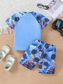 Summer Young Boy 2pcs Beach Holiday Swimsuit Set - Blue - View 2