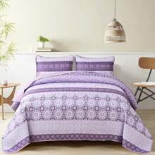 3 Pieces  BEDDING Grey Boho Quilt Queen King Size Set,Bohemian Floral Striped Patchwork Summer Bedspread Coverlet Set With 2 Pillowcases,Lightweight Microfiber Bohemian Bedding Set (96"*90",104"X90") ﻿ - Màu tím - Xem 2