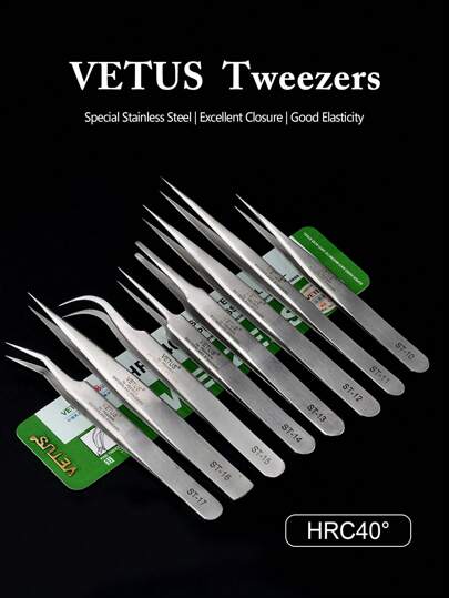  Vetus ST系列银色尖头镊子，不锈钢直头和弯头镊子，适用于睫毛嫁接，可选型号：ST-10/11/12/14/15/16/17