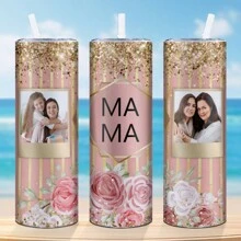1pc, Custom Photo 20oz Skinny Tumbler, Stainless Steel Water Bottle With Plastic Lid And Straw, Summer Winter Drinkware,Mother's Day Gift