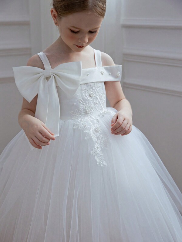 Young Girl Bowknot Lace Trim Mesh Elegant Princess Dress, Suitable For Birthday Party, Ball, Wedding, Holiday, Flower Girl, Prom
