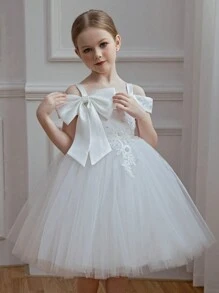 年轻女孩蝴蝶结蕾丝边网眼优雅公主裙，适合生日派对、舞会、婚礼、节日、花童、舞会 - 白色 - 查看 5