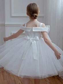 年轻女孩蝴蝶结蕾丝边网眼优雅公主裙，适合生日派对、舞会、婚礼、节日、花童、舞会 - 白色 - 查看 6