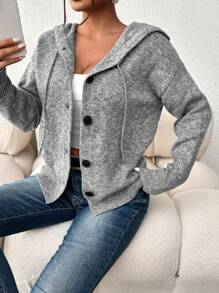 Women's Solid Color Button Drawstring Long Sleeve Lightweight Single-Breasted Cardigan Sweater, Suitable For Office Wear, Autumn - Grey - View 7