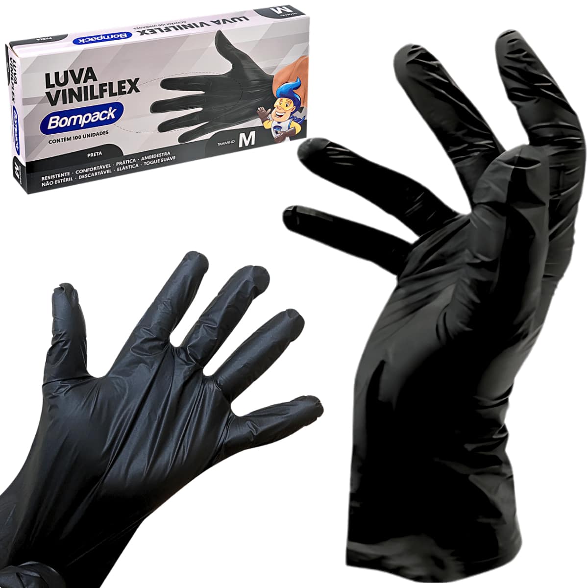 Kit 100 Plastic Gloves VInilflex Black Pink Disposable Size P M G Resistant TPE Powder Free Elastic Resistant Bompack - 黑色 - 查看 1