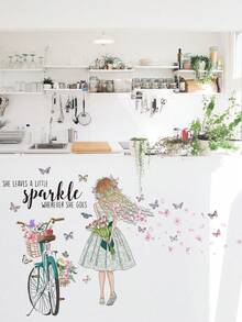 Set de pegatinas de bicicleta de niña con mariposas y flores, 2 piezas para decoración de pared de sala de estar y dormitorio - Multicolor - Ver 6