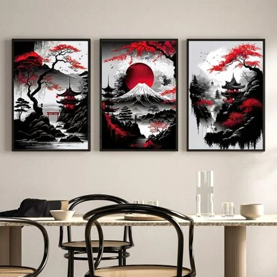 3 piezas Paisaje de estilo japonés sin marco, pósteres de lienzo de Sakura rojo y negro, arte moderno impermeable para pared, obra de arte, regalo, adecuado para dormitorio, sala de estar, oficina, baño, comedor, cafetería, bar, decoración de pared, decoración del hogar y la oficina, regalo de cumpleaños y graduación