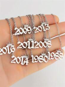 1入時尚不鏽鋼王冠和年份造型中性吊墜項鍊，夏季珠寶裝飾，適用於出生年份/周年紀念/結婚年份，特殊紀念禮物，適合日常/工作穿著 - 銀色 - 查看 3