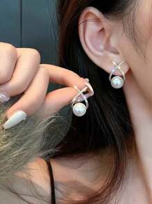 Bộ 5 đôi bông tai nơ ngọc trai giả sang trọng, thanh lịch, phong cách Pháp, ngọt ngào, cá tính cho ngày lễ tình nhân - Bạc - Xem 3