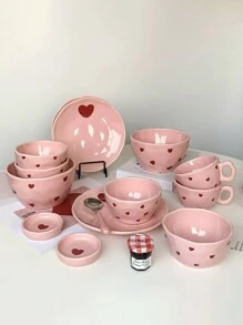 1 Set Pink Heart-Shaped Ceramic Dinnerware Set, Highly Attractive Ins Household Tableware, Including 3.3-Inch Dish, 4.5-Inch Bowl, Heart-Shaped Spoon, Handled Cup, 6-Inch Noodle Bowl, 7.8-Inch Plate, Chopsticks; Ideal Housewarming Gift With Creativity And Aesthetic Appearance School Supplies,Christmas Gift