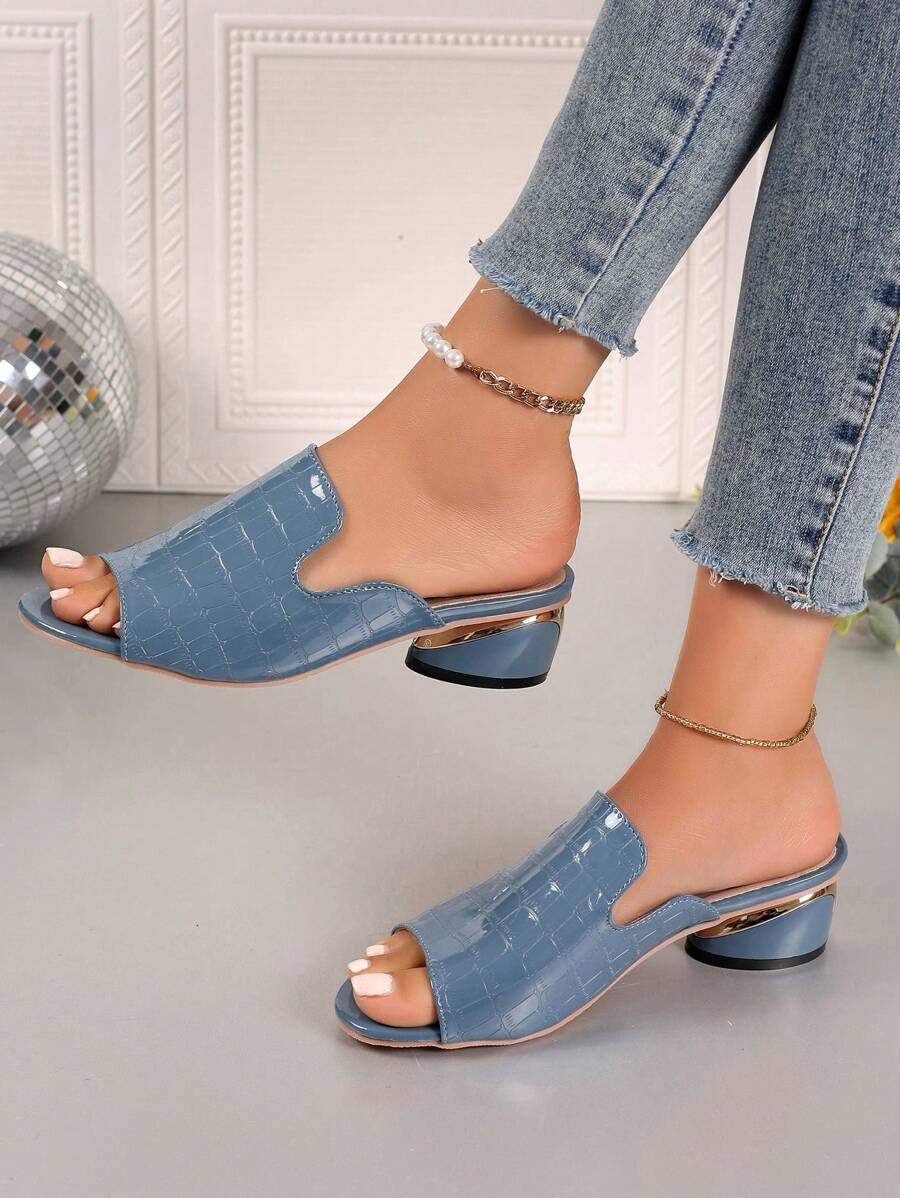 女式2024年新款夏季時尚休閒戶外軟底拖鞋，大碼，中跟粗跟，開放式鞋頭涼鞋 - 藍色 - 查看 1