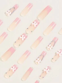 24 件长方形闪亮粉色蝴蝶结水钻设计风格全覆盖可拆卸推式假指甲，适合女士和女孩美甲沙龙，提升您的风格，配有 1 块果冻凝胶和 1 条锉刀果冻胶，随机发货 - 淺粉色 - 查看 3