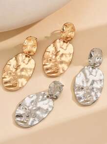 2pcs Vintage Geometric Metal Hammered Ear Clips Asymmetrical Oval Earrings Suitable For Non-Pierced Women