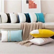 1/2 件蓝白天鹅绒拼布金色皮革条纹抱枕套，方形靠垫套，节日家居装饰枕头，柔软舒适的面料，现代沙发、卧室、宿舍装饰 - 藏蓝色 - 查看 8