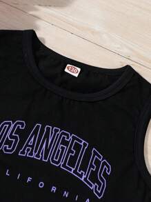 Tween Girl 甜美休闲 2 件套无袖 LA 印花短款上衣和百褶裙套装 - 黑色 - 查看 3