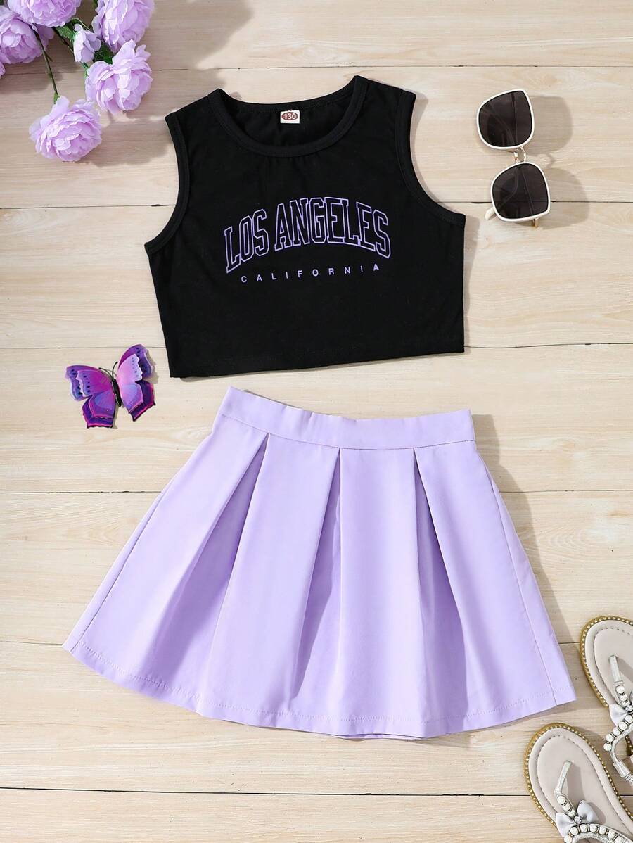 Tween Girl 甜美休闲 2 件套无袖 LA 印花短款上衣和百褶裙套装 - 黑色 - 查看 1