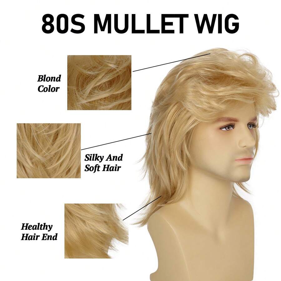 Blonde Mullet Wigs For Men 70s 80s Costumes Mens Fancy Party Accessory