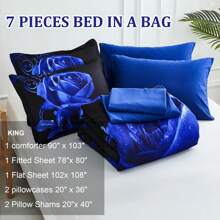 7 Pieces Blue Comforter Set Queen King Size , Rose Pattern Bed In A Bag, Lightweight Soft Microfiber Bedding Sets With Comforter, Flat Sheet, Fitted Sheet, Pillowcases Home Decor Room Decor Bedroom Decor Bed Comforter Set Mothers Day Gift Wedding Decorations. - 藍色 - 查看 7