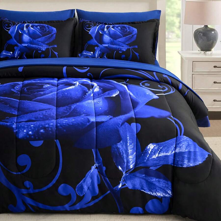 7 Pieces Blue Comforter Set Queen King Size , Rose Pattern Bed In A Bag, Lightweight Soft Microfiber Bedding Sets With Comforter, Flat Sheet, Fitted Sheet, Pillowcases Home Decor Room Decor Bedroom Decor Bed Comforter Set Mothers Day Gift Wedding Decorations. - 藍色 - 查看 1