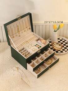 1pc Multifunctional Plaid Princess Cosmetic & Jewelry Box With Lock, Drawer, And Leather Surface For Storing Bracelets, Earrings, Necklaces And Other Accessories Back To School, Room Decor - One Size - View 14